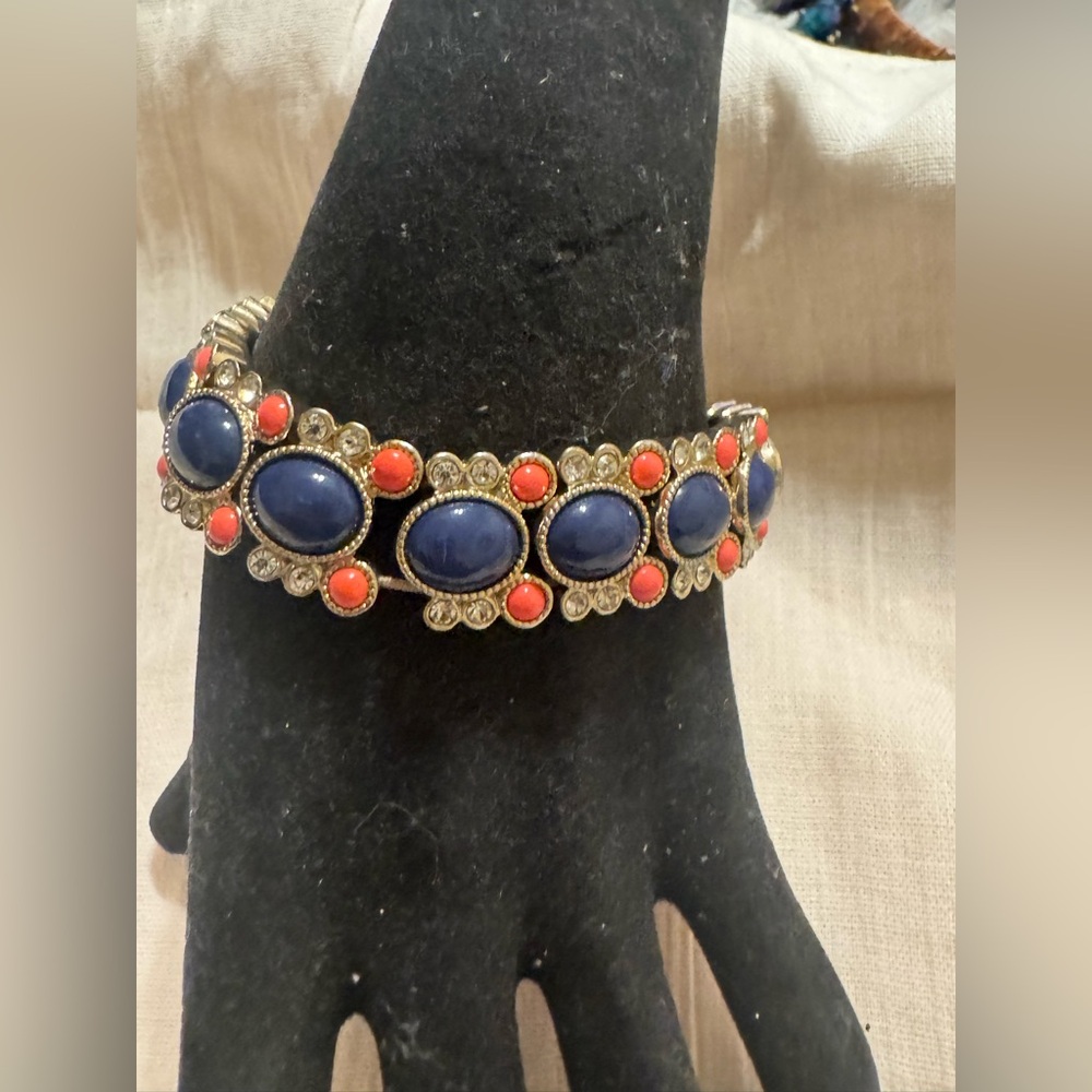 J.Crew  Blue and Coral Red Stone  Stretch Bracelet